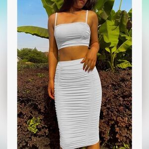 White ruched midi bodycon skirt and crop top set
